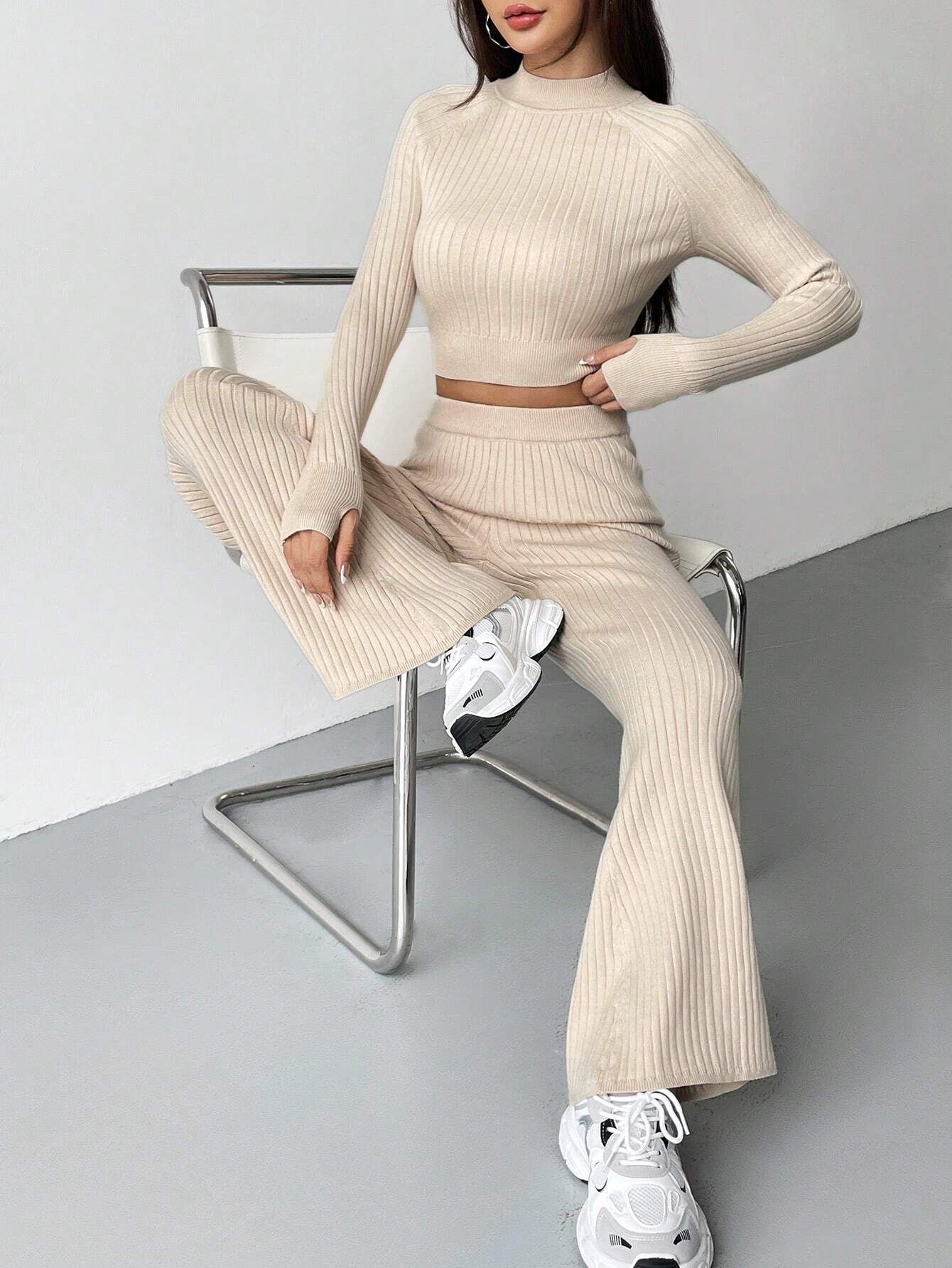 SHEIN EZwear Mock Neck Raglan Sleeve Crop Sweater & Flare Leg Knit Pants | SHEIN