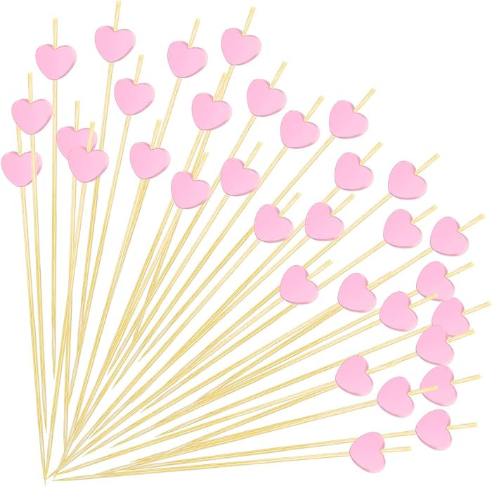 100 Pcs Pink Heart Cocktail Picks 4.7 Inch Long Fruit Sticks Pink Hearts Toothpicks Bamboo Cockta... | Amazon (US)