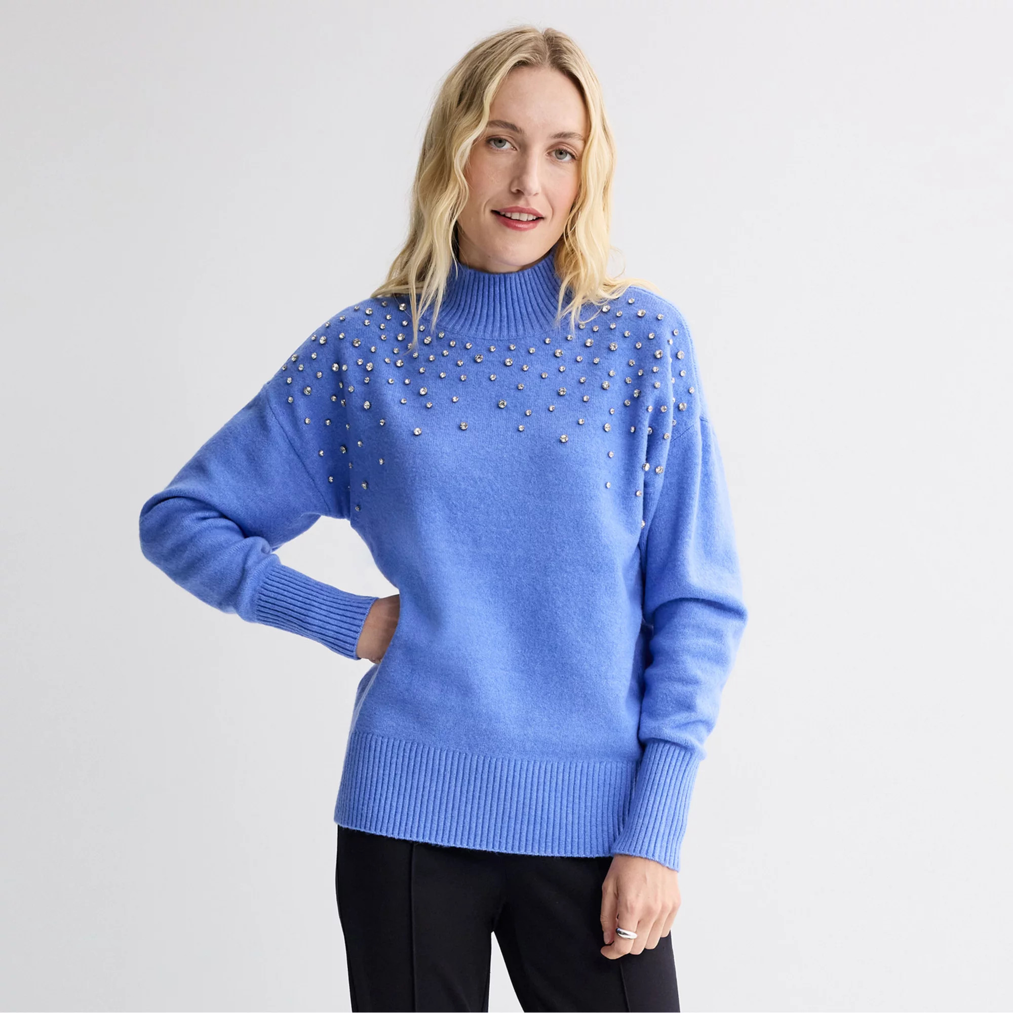 Women's Nine West Mock Neck Embellished Pullover, Size: Large, Black Grape | Kohl's