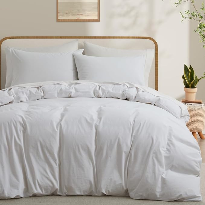 LOVQUE 100% Washed Cotton Duvet Cover Twin Size, Linen-Like Textured White Fade-Resistant Natural... | Amazon (US)
