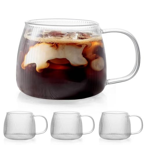 4 PACK Premium Glass Coffee Mugs with Handle, Classic Vertical Stripes Glass 12 OZ Coffee Cups, Transparent Tea Cup for Hot/Cold Drink, Glassware Set for Beverages, Latte, Cappuccino, Americano | Amazon (US)