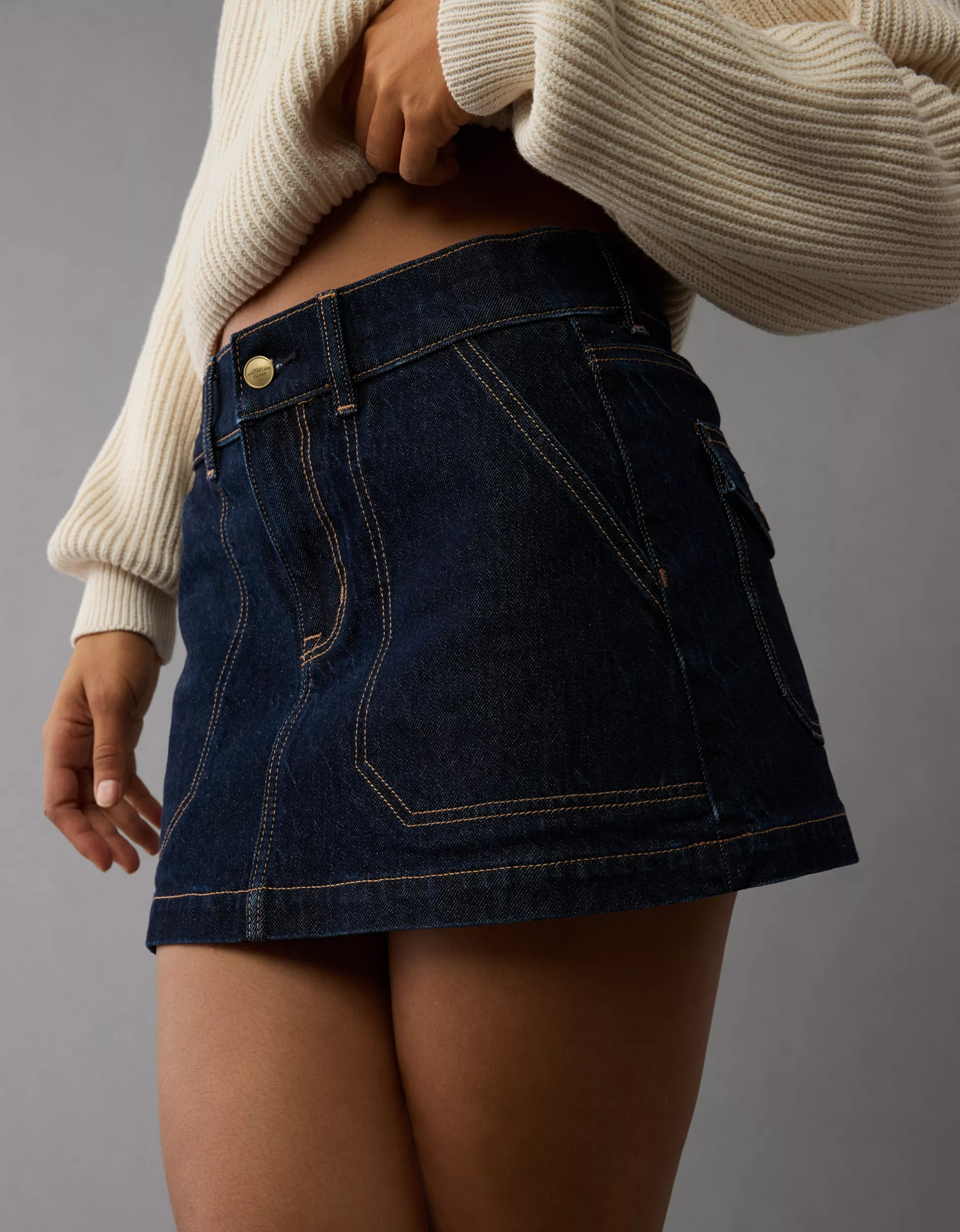 AE Stretch Low-Rise A-Line Denim Mini Skirt | American Eagle Outfitters (US & CA)