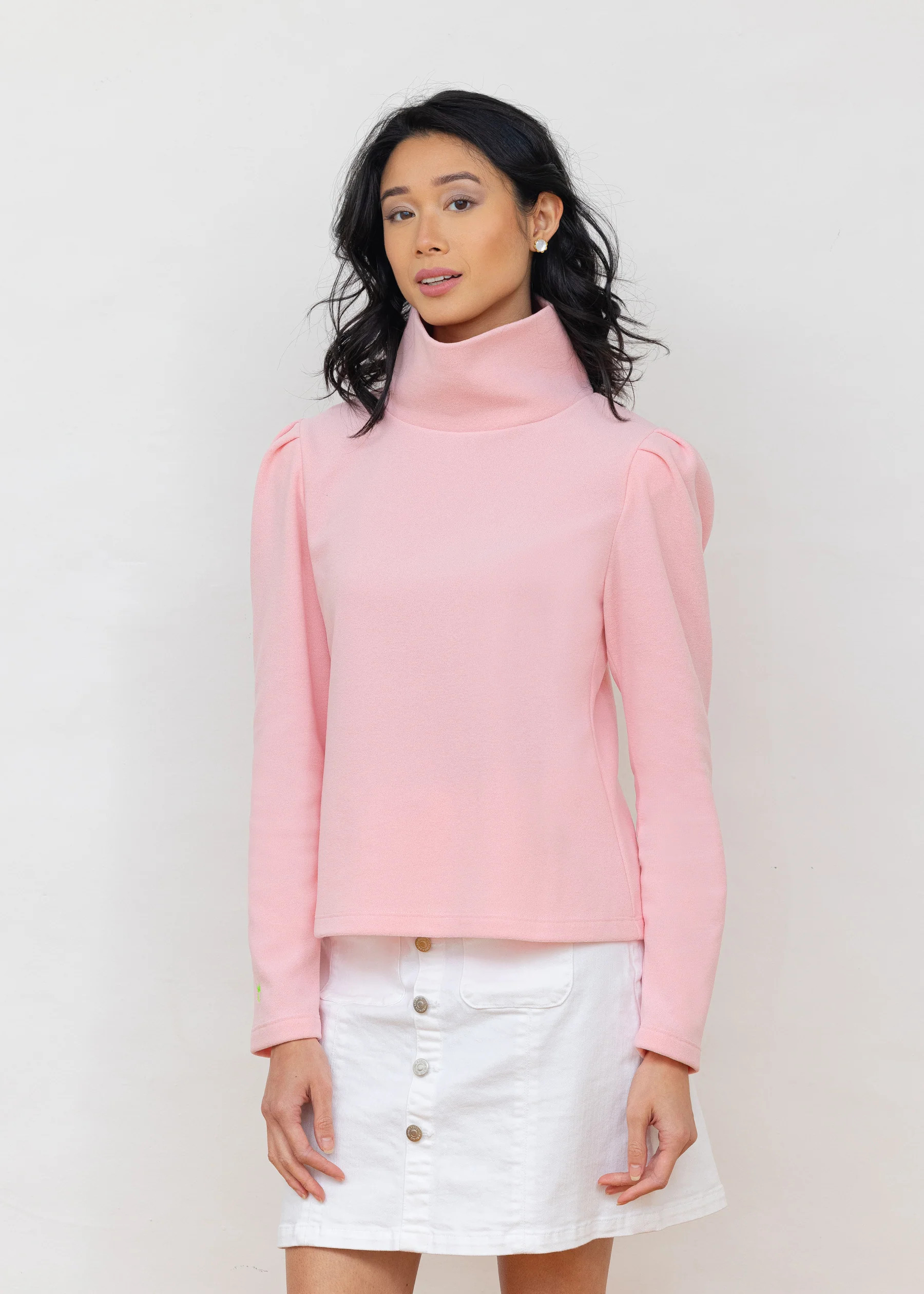 Palmer Puff Sleeve Turtleneck in Terry Fleece (Pink) | Dudley Stephens