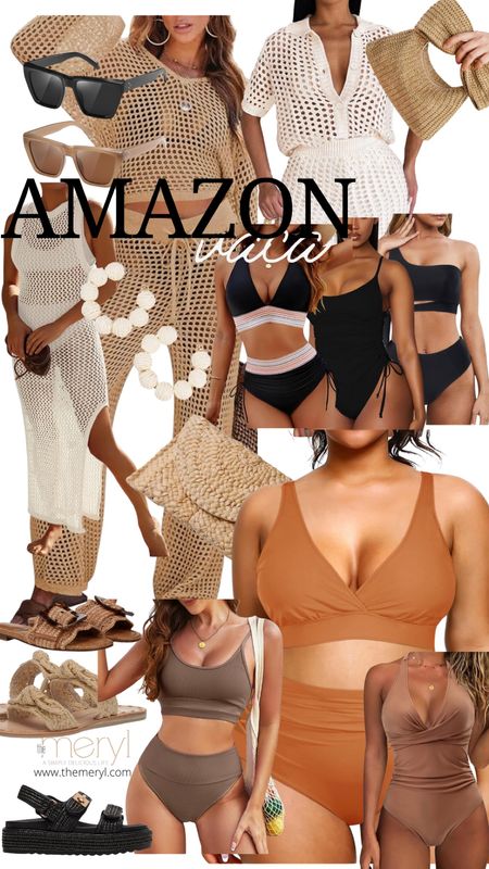 Neutral and sophisticated Amazon vacation and resortwear looks. I love the hues and textures. Black swimsuit. Neutral swimwear. Brown swimsuit. Plus size swim. Crochet two piece. Crochet set. Coverup dress. Raffia sandals. Natural clutch. 

#LTKTravel #LTKStyleTip #LTKSwim