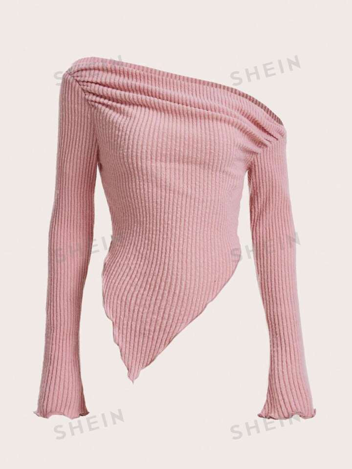 SHEIN ICON Y2K Grunge Asymmetrical Neck Lettuce Trim Ruched Tee | SHEIN