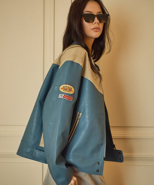 Vintage Racing Leather Jacket (Over Fit) - Blue | Musinsa Global