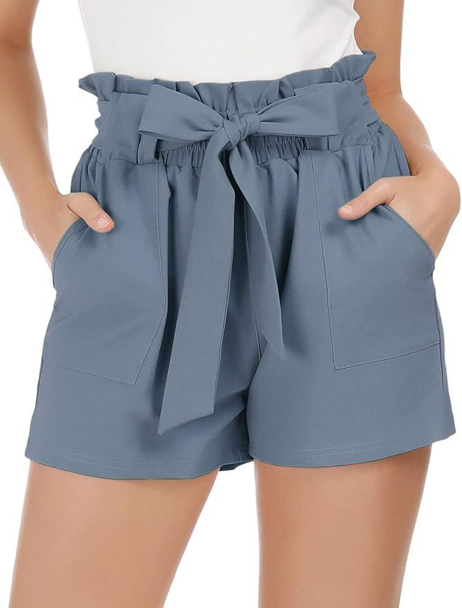LIUMILAC Women Casual Elastic Waist Summer Shorts Summer Ruffle Short Pants with Pockets | Amazon (US)