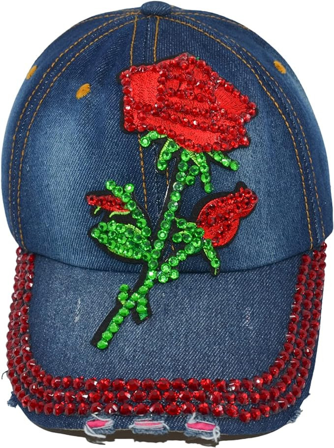 Popfizzy Womens Bling Cap, Rhinestone Baseball Cap, Bejeweled Distressed Denim Hat, Bling Gifts f... | Amazon (US)