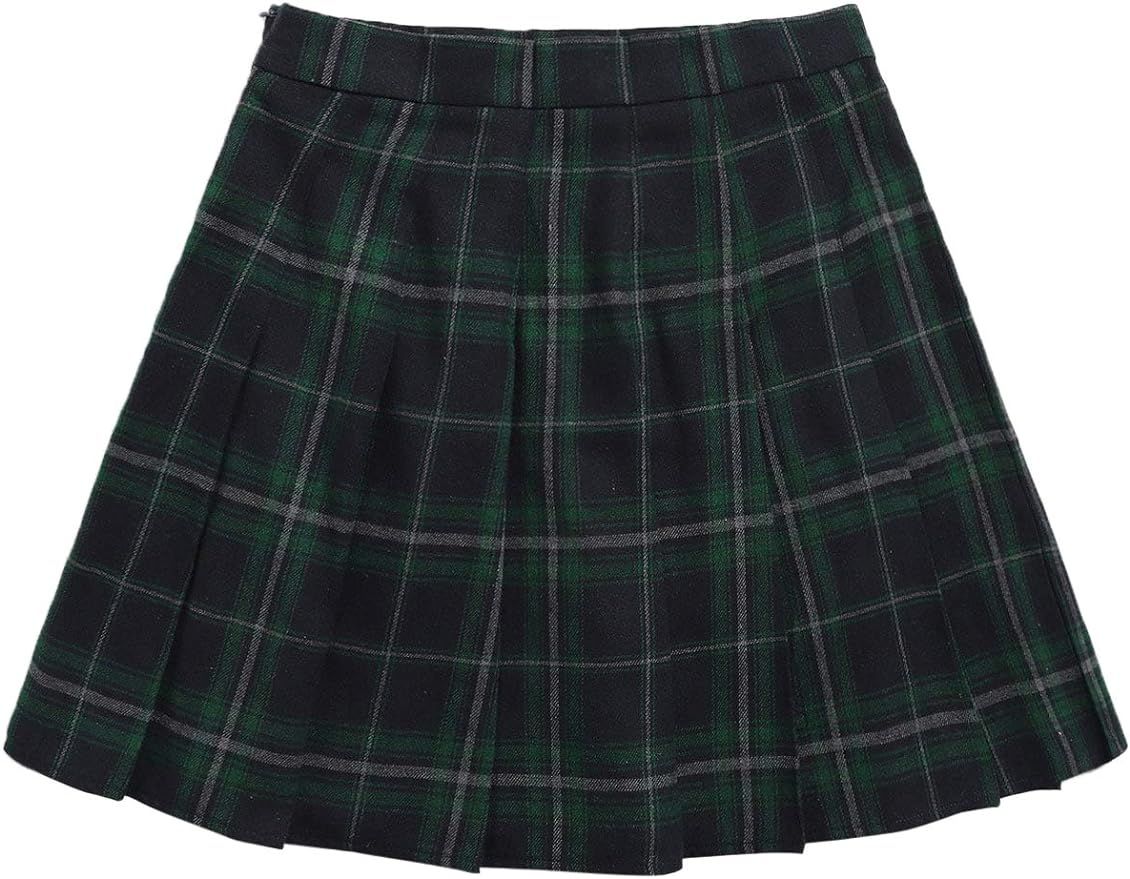 WDIRARA Women's Casual Plaid High Waist Pleated A-Line Uniform Mini Skirt | Amazon (US)