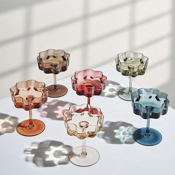Flower Scalloped Vintage Wavy Petals Wave Glass Coupes 7oz Colorful Martini, Champagne & Cocktail... | Amazon (US)