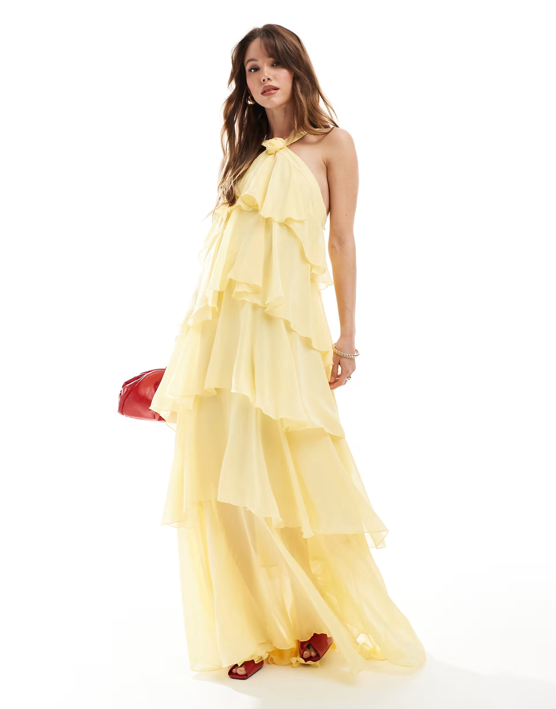 Vero Moda Felicia halterneck tiered maxi dress with corsage detail in yellow | ASOS | ASOS (Global)