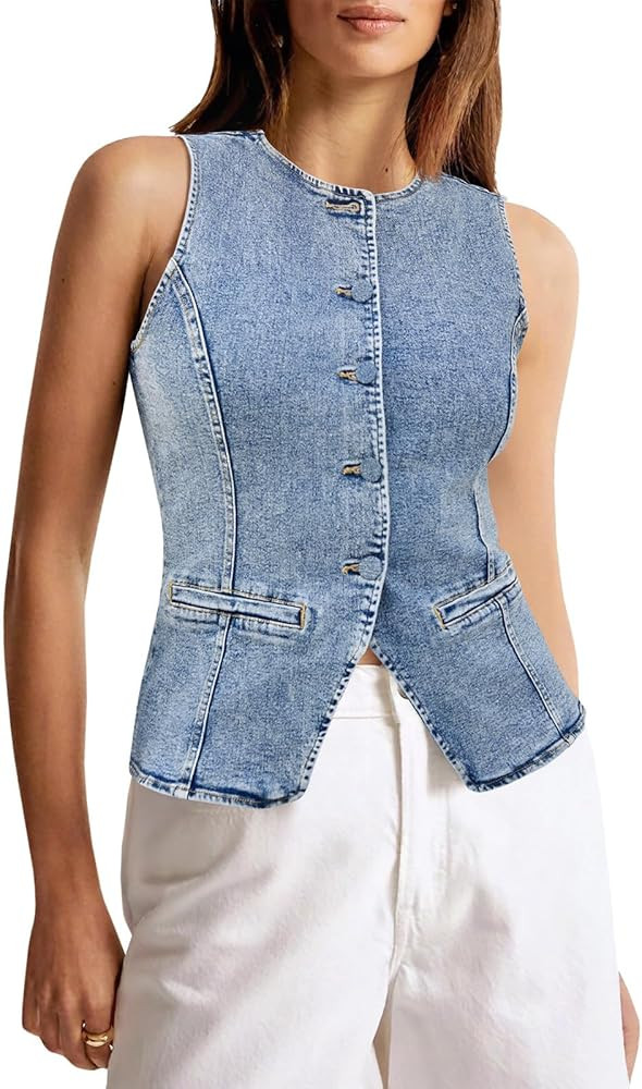 Tankaneo Womens Button Down Denim Vest Tops Sleeveless Fitted Jean Tank Tops Summer Trendy Casual... | Amazon (US)