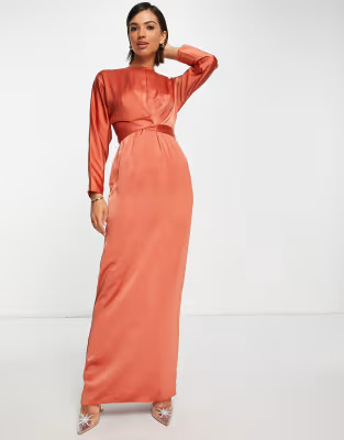 ASOS DESIGN satin maxi dress with batwing sleeve and wrap waist in rust | ASOS (Global)