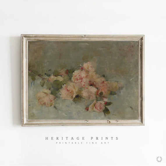 Blush Pink Roses Vintage Fine Art Printable Peonies Wall Art - Etsy | Etsy (US)