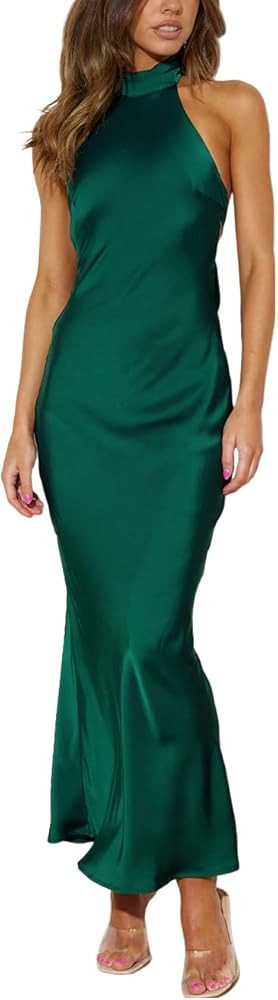 Phicia Sexy Satin Halter Neck Backless Maxi Dress for Women Elegant Tie Cowl Back Formal Wedding ... | Amazon (US)
