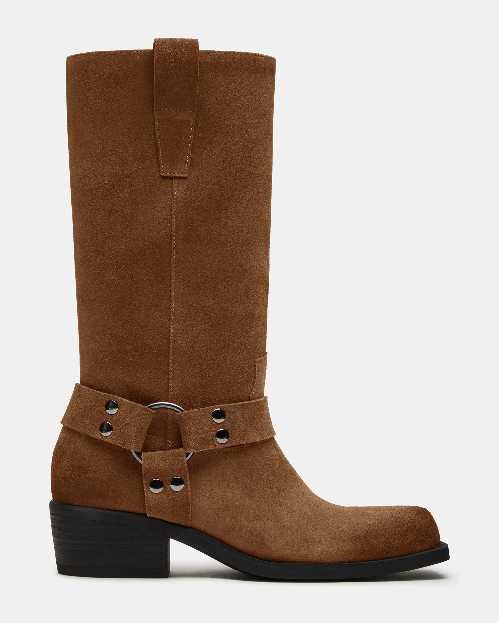 RUSKIN Chestnut Suede Square Toe Moto Boot | Women's Boots | Steve Madden (US)