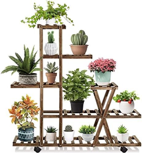 Telfun Plant Stand Indoor Outdoor with Wheels, Plant Stands for Indoor Plants Multiple, Wood Plant S | Amazon (US)