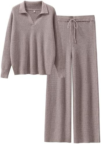 ANRABESS Women Two Piece Outfits Sweater Sets Lounge Waffle Knit Pullover Matching Wide Leg Pants... | Amazon (US)