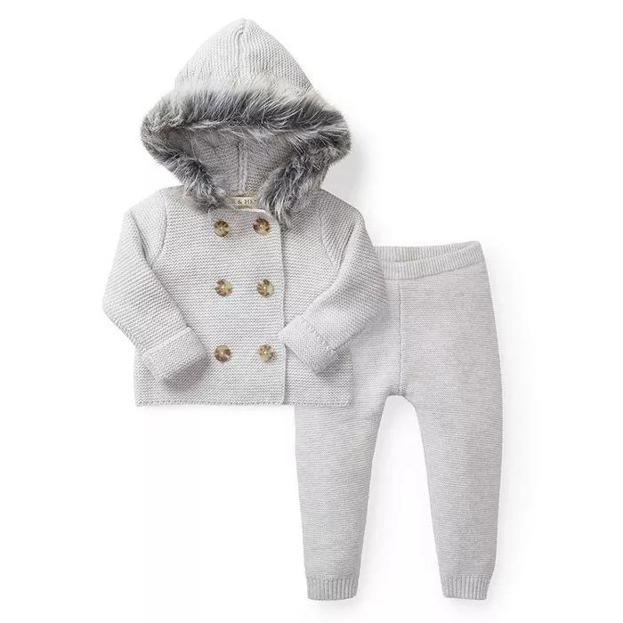 Hope & Henry Layette Grey Two Piece Sweater Set with Faux Fur Hood, Infant | Target