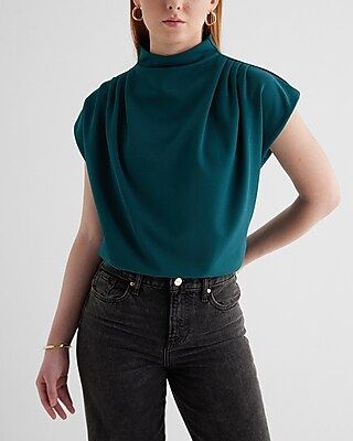 Skimming Mock Neck Pleated Shoulder Bubble Top | Express