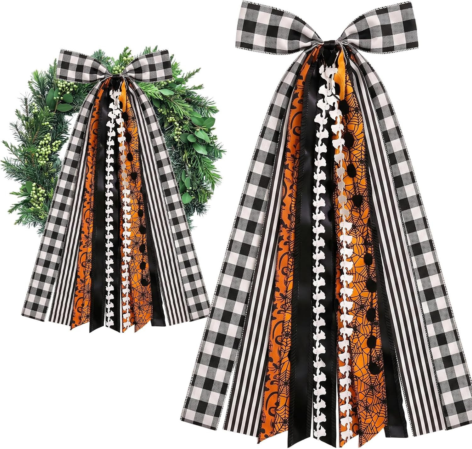 Large Halloween Ribbon Bow for Wreath, Orange Black Dot Ghost Spider Web Fabric Ribbons Set Assorted Black White Plaid Clip-On Wreath Sash Ribbon Bundle for Halloween Home Indoor Outdoor Decor | Amazon (US)