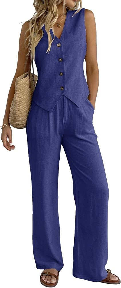 Women's 2 Piece Outfits Linen Vest Waistcoat Dressy Casual Sets Wide Leg Pants Suits | Amazon (US)