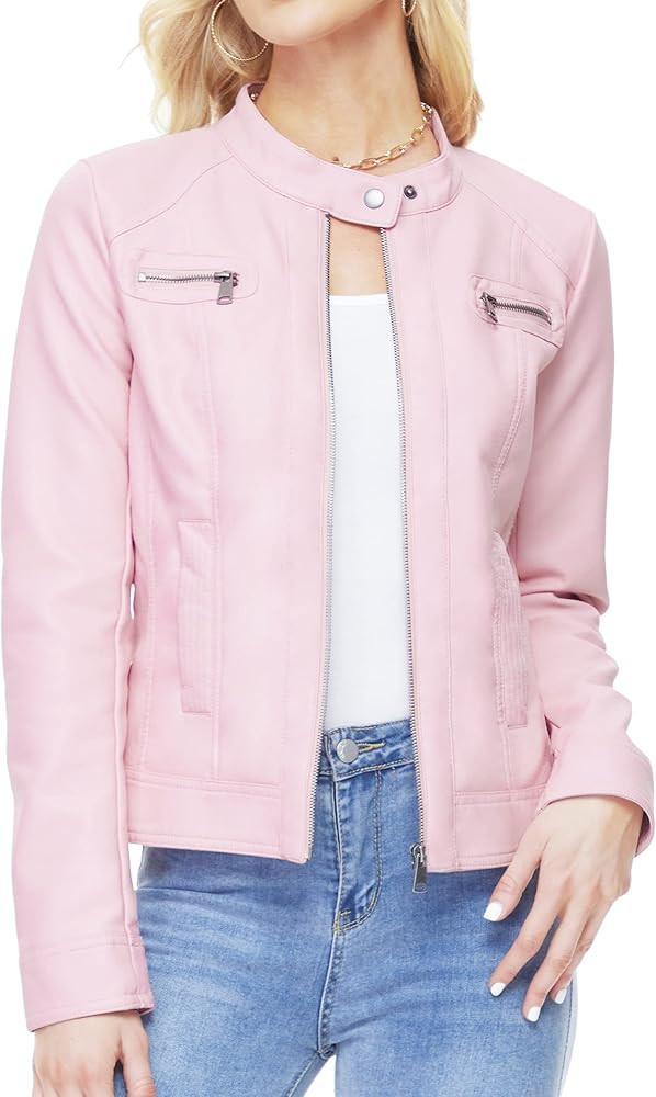 Fahsyee Zip Leather Jackets for Women Motorcycle Faux PU Moto Biker Outwear Coat | Amazon (US)
