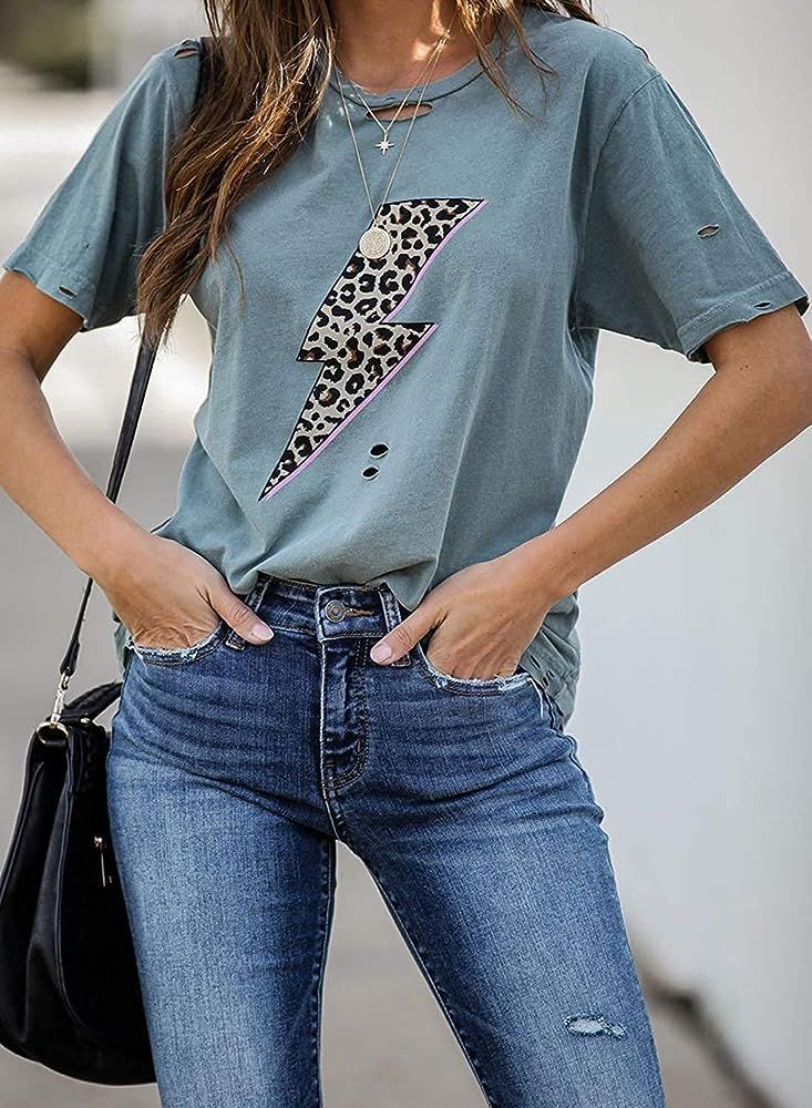 INFITTY Womens Basic Graphic Tees Casual Summer Short Sleeve Shirt Blouse Lightning Leopard Print To | Amazon (US)