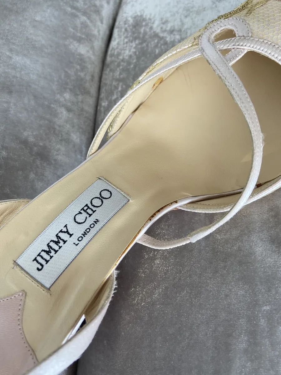 JIMMY CHOO Pale Pink Satin & Gold Lace Sling Back Heels Size 38.5 | eBay US