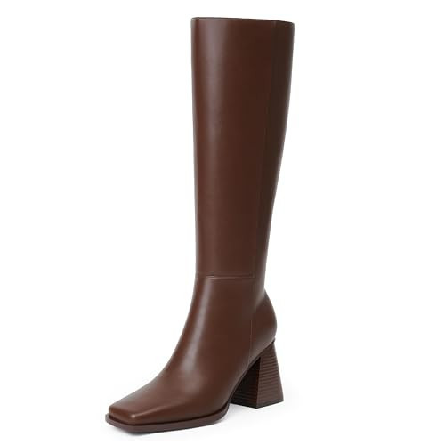 Easyfox Knee High Brown Boots Women Square Toe Tall Boots High Heel Chunky Knee High Tall Boots Women Brown Heeled Boots for Women Brown Knee High Boots Size 11 | Amazon (US)