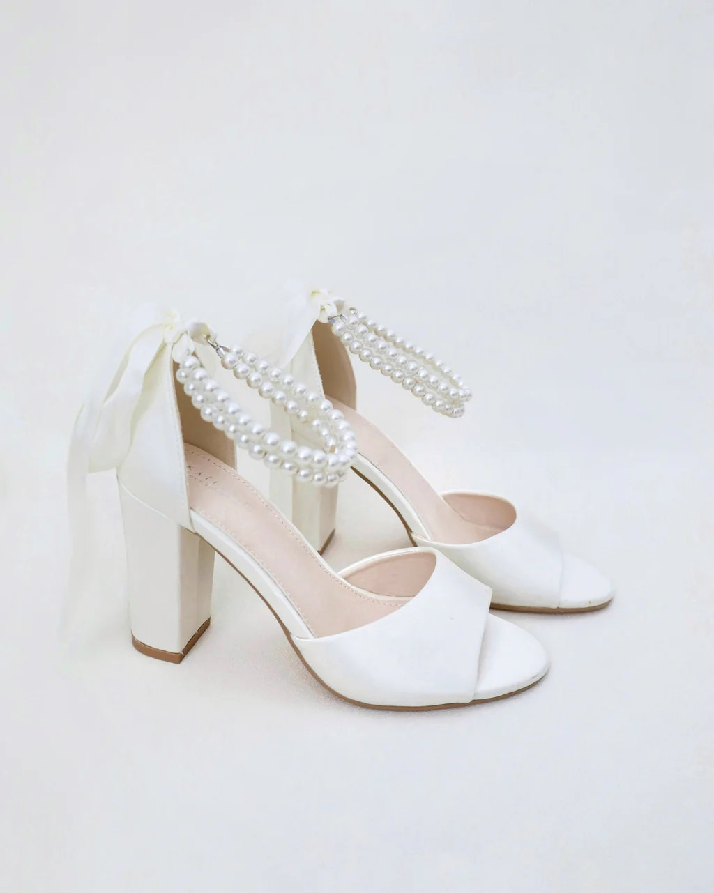 Satin Block Heel Wedding Sandals with Double Pearl Strap | Kailee P.