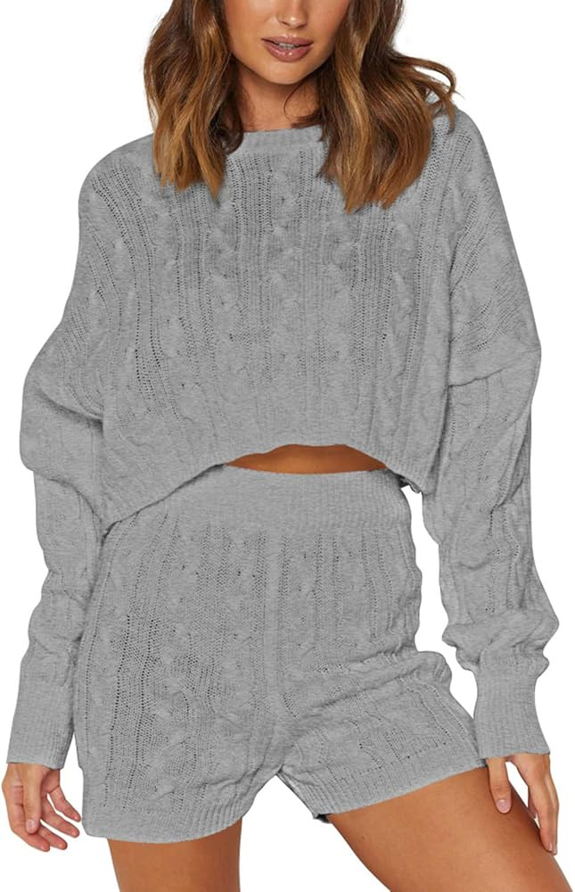 Women's 2 Piece Sweater Short Set Puff Sleeve Pullover Knitted Loungewear Outfits | Amazon (US)