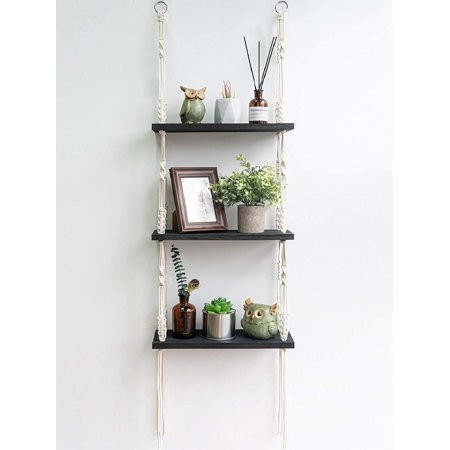 Macrame Shelf Hanging Shelves Wooden Wall Shelf with Woven Rope Black Floating Shelves Storage Organ | Walmart (US)