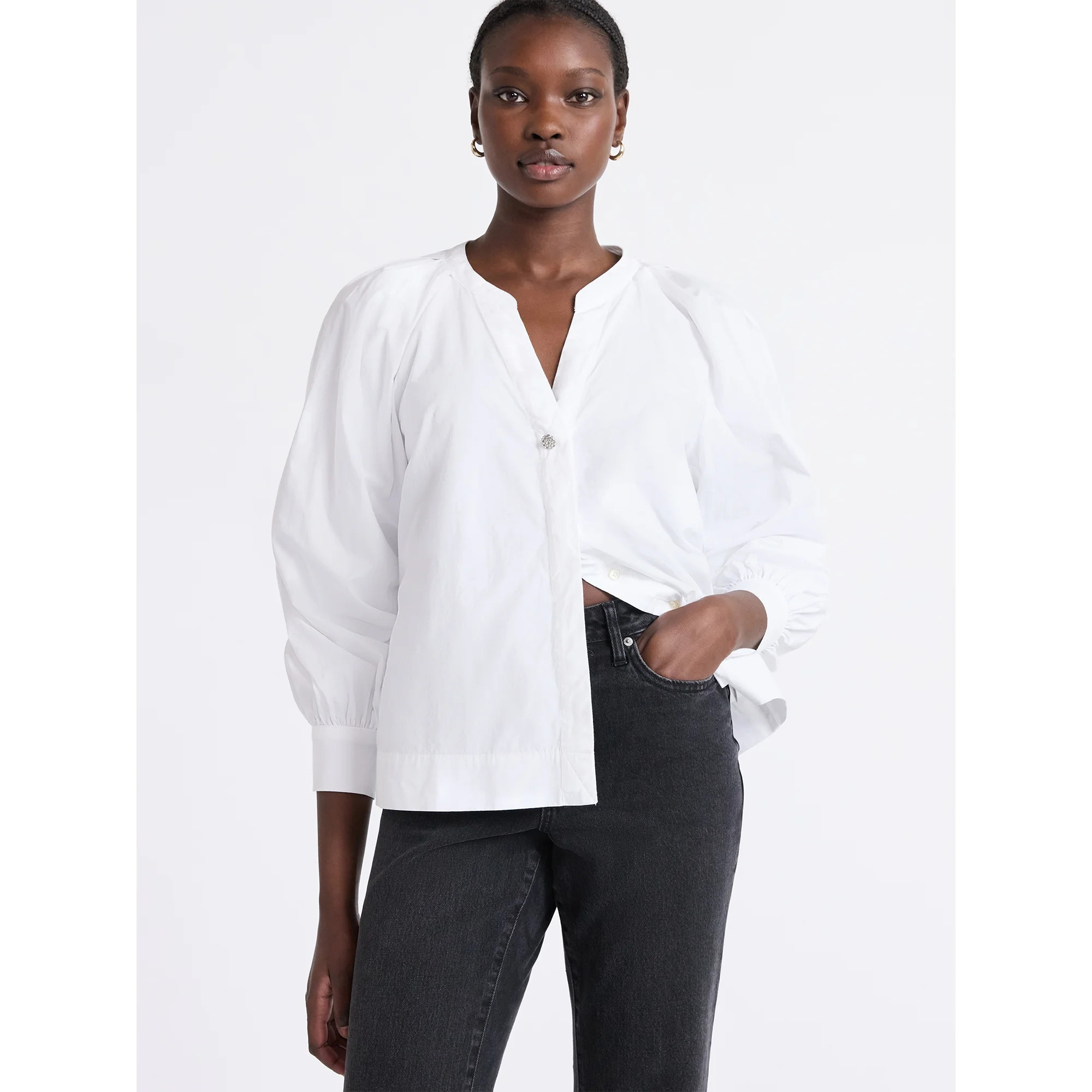Free Assembly Women's and Women's Plus Cotton Pleat Neck Shirt with Long Sleeves, Sizes XS-4X | Walmart (US)
