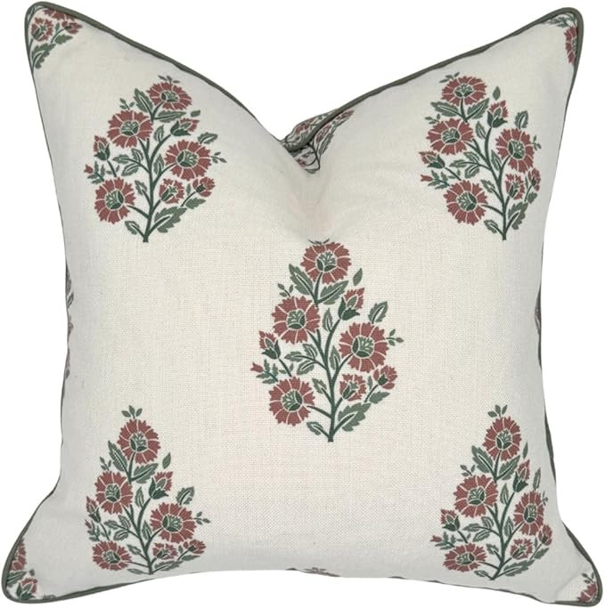 Sutton Floral Pillow Cover Blockprint Throw Pillow for Home Grandmillennial 20"x20" Red | Amazon (US)