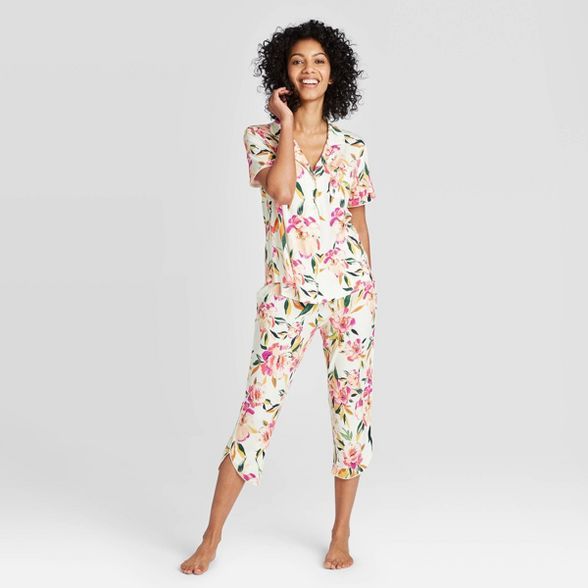 Women's Floral Print Beautifully Soft Short Sleeve Notch Collar and Crop Pajama Set - Stars Above... | Target