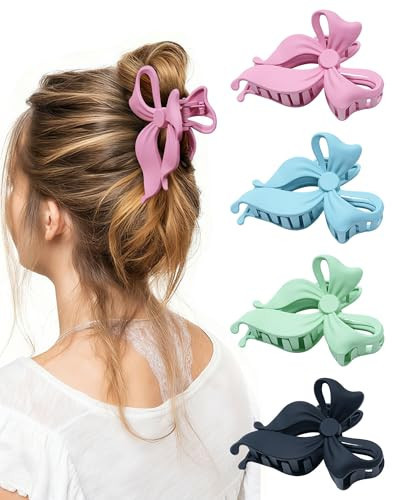 4 PCS Bow Hair Clips Bow Claw Clip for Women, Large Hair Claw Clips for Thin Thick Long Hair Cute Nonslip Bows (Blue+Pink+Green+Blue+Black) | Amazon (US)