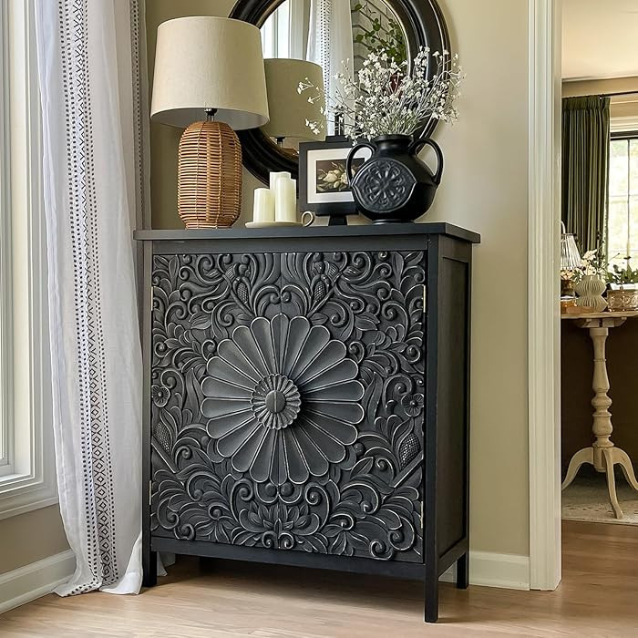 MAISON ARTS Black Floral Carved Accent Cabinet - Modern & Traditional Engineered Wood Storage Cab... | Amazon (US)