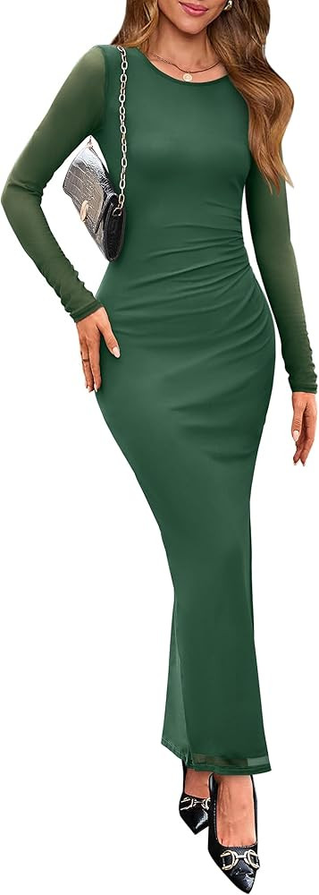 WIHOLL Women's Bodycon Maxi Dress Fall Fashion Long Sleeve Floral Print Tight Fitted Party Club R... | Amazon (US)