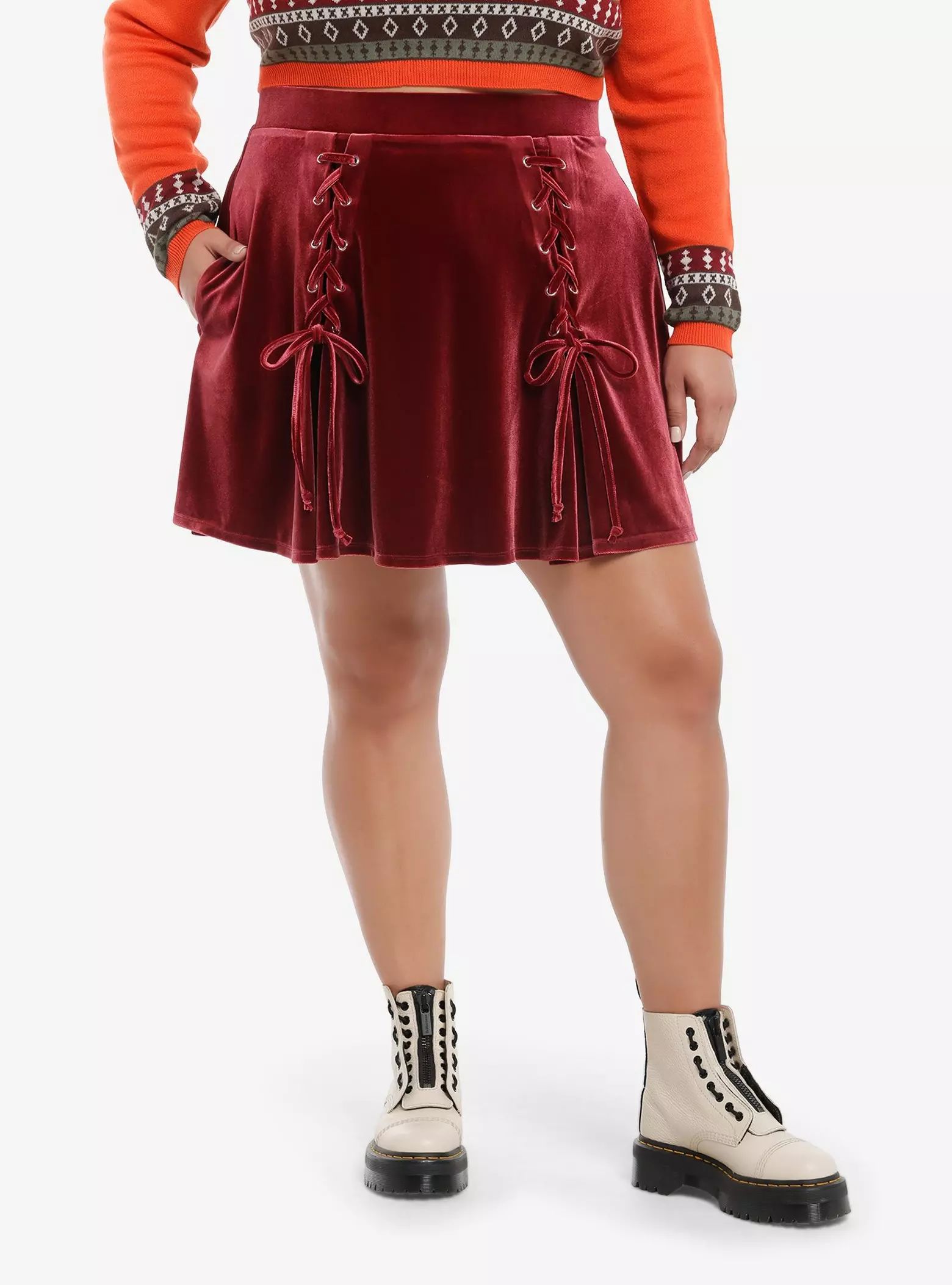 Thorn & Fable Burgundy Velvet Lace-Up Skater Skirt Plus Size | Hot Topic