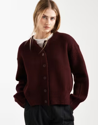 ASOS DESIGN boxy crew neck cardigan with side split detail in plum | ASOS | ASOS (Global)