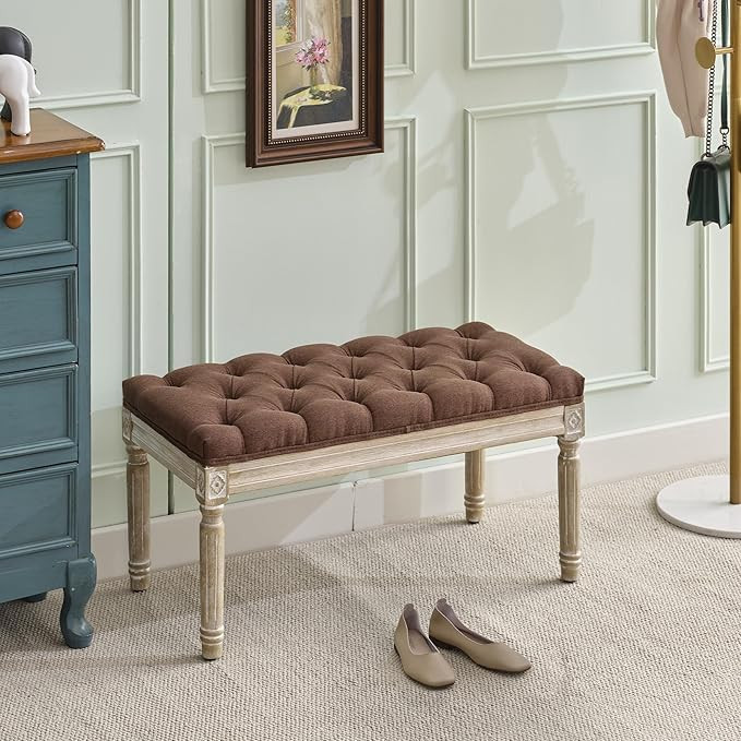 LOULENS French Vintage Bench, Linen Fabric Entryway Bench, Upholstered Tufted End of Bed Bench wi... | Amazon (US)