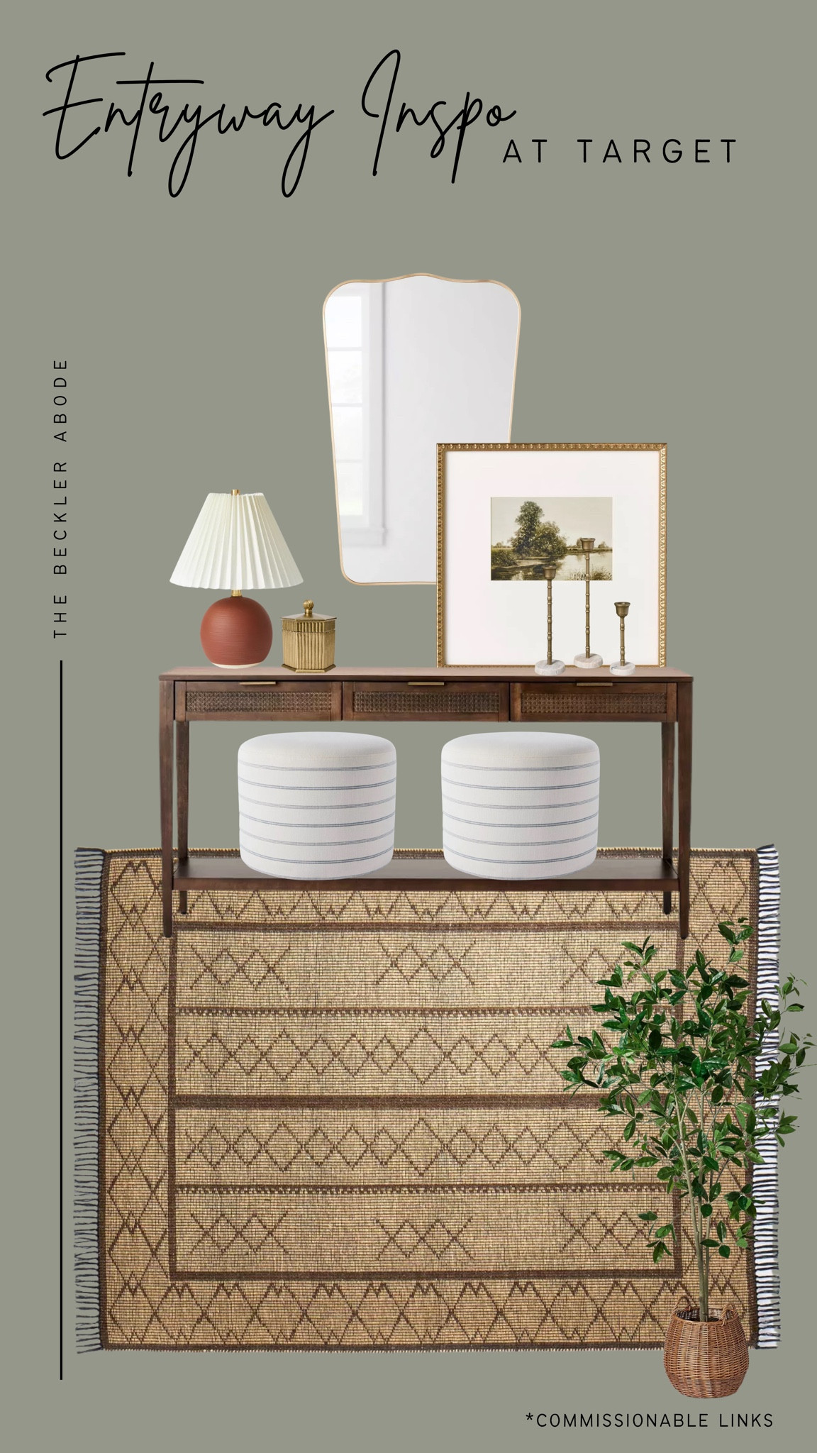 Entryway styling inspo - lots of browns in this one! Love the curves of the mirror!

Woven area rug, striped ottoman, brass jar, brass candlesticks, wall mirror, Studio McGee, Hearth & Hand, dark brown console, faux greenery

#LTKStyleTip #LTKHome