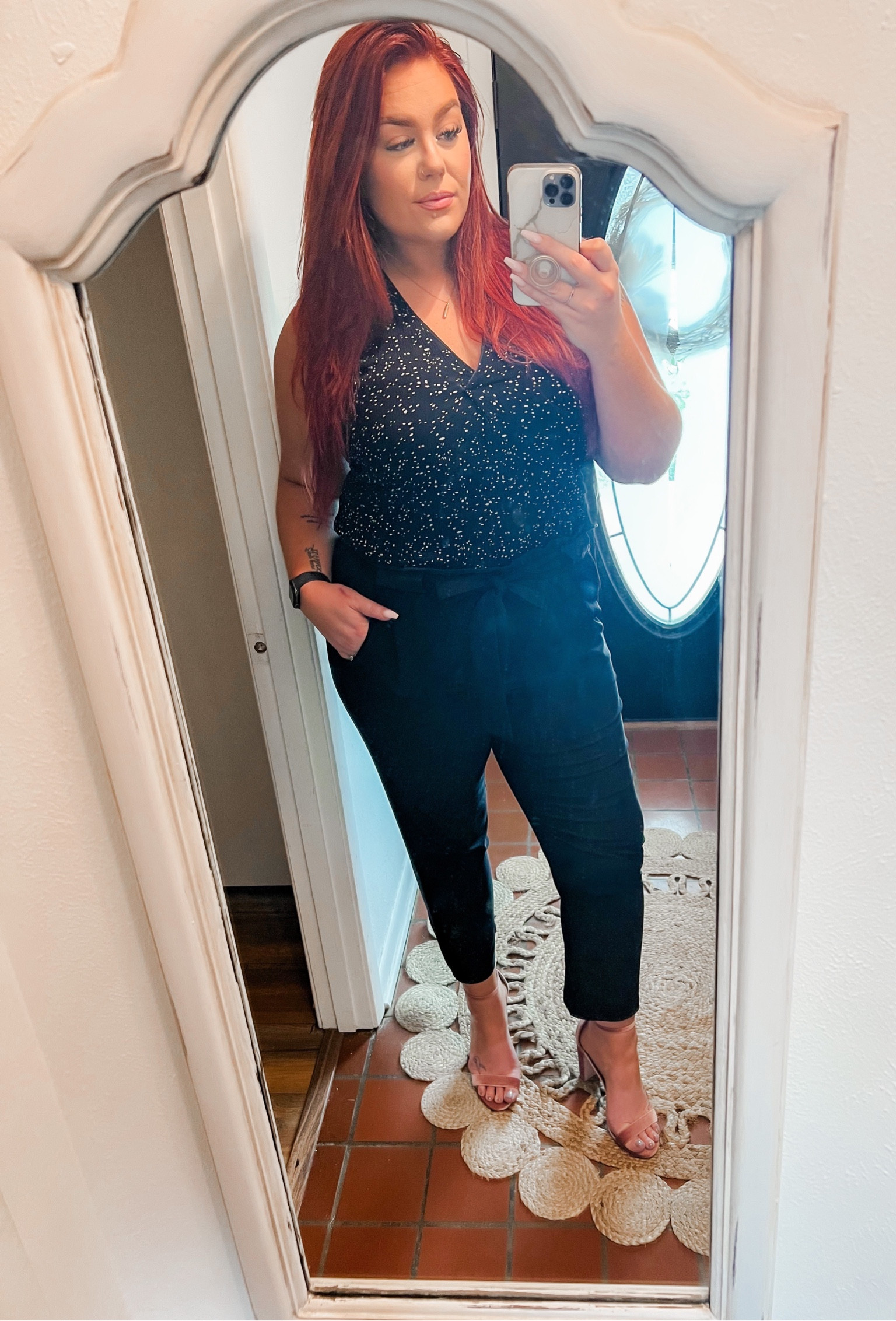 Broke up the black with a patterned top and these amazing mauve, velvet heels. It’s always possible to make your cute work outfit  comfy!

Wearing XL in both top and pants. 

#LTKunder50 

#LTKmidsize #LTKworkwear