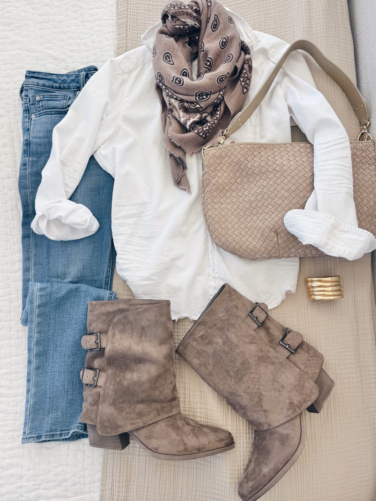 This denim shirt is worth the splurge. I have size small. One of my most worn tops all year.  I sized up to 28x30 in the straight jeans.  Boots true to size.  Sharing a save for the scarf.  The save does feel kind of cheap in person.