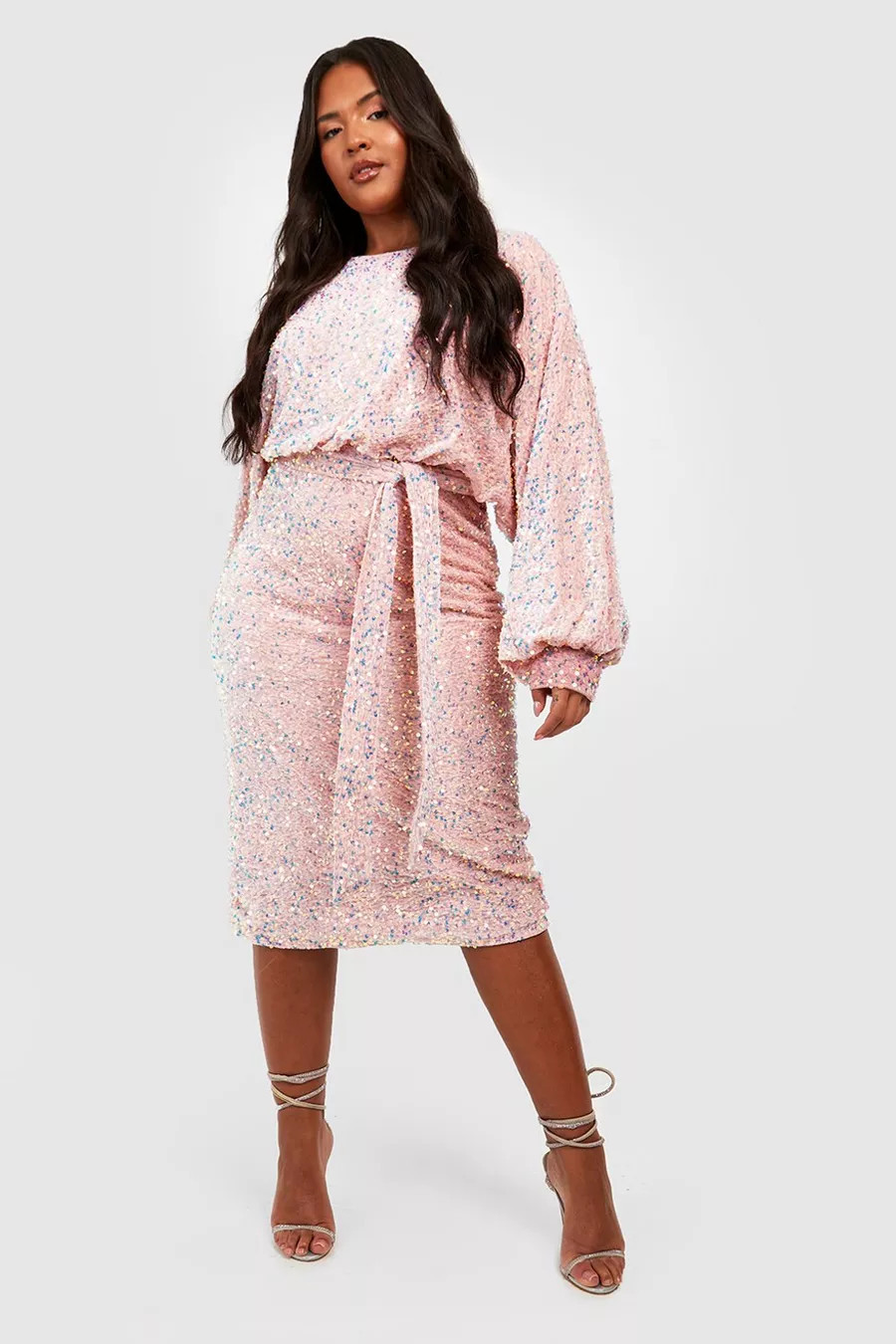 Plus Velvet Sequin Blouson Belted Midi Dress | Boohoo.com (US & CA)