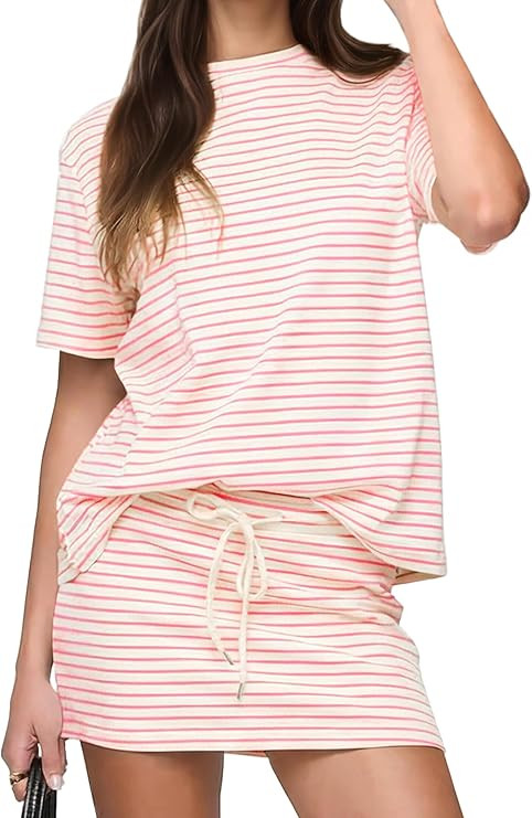 KFUBUO Women's 2 Piece Striped Mini Skirt and Top Set Short Sleeve T Shirt Matching Skort Sets Ca... | Amazon (US)