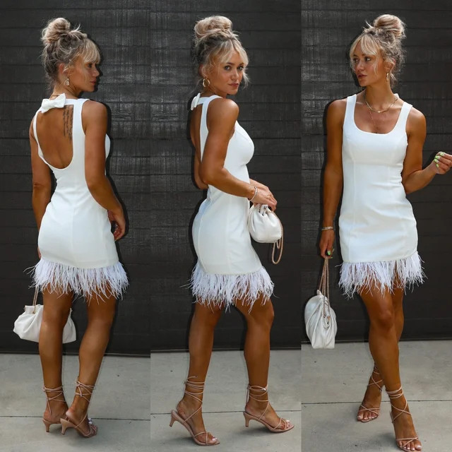 Maspeth Feather Trim Mini Dress - White - SALE | VICI