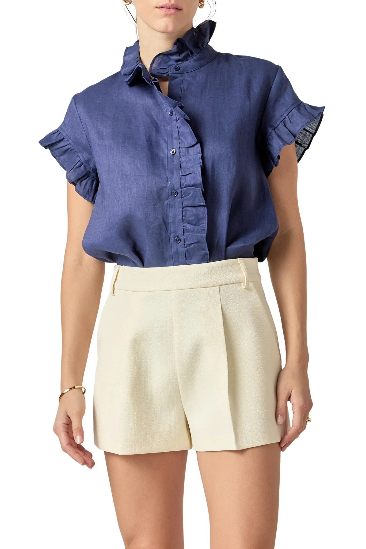 English Factory Ruffle Trim Linen Button-Up Shirt (Women) | Nordstrom | Nordstrom
