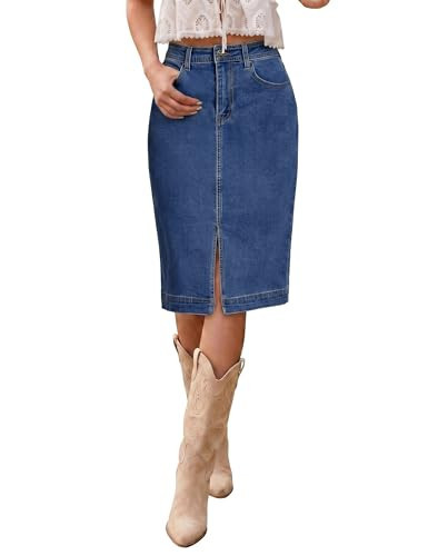 luvamia Stretchy Denim Skirts for Women Jean Midi Denim with Slit Womens Skirts Midi Length Classic Blue Size Large US 12 to 14 | Amazon (US)